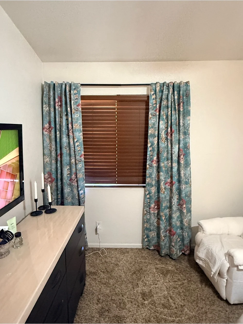 Cost Plus World Market Blue Floral Curtain Panel with Red & Cream Accents